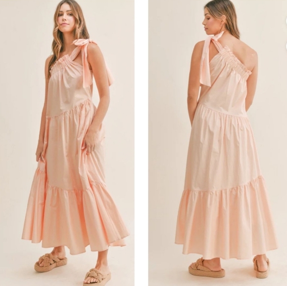 MABLE Brittany One Shoulder Tieree Maxi Dress Peach Anthropologie - Picture 2 of 10
